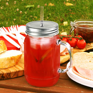 Mason Drinking Jar Glasses with Red Gingham Lids 20oz / 568ml