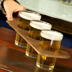Wooden Beer Flight Paddle with 3 Conique Third of a Pint Glasses LCE
