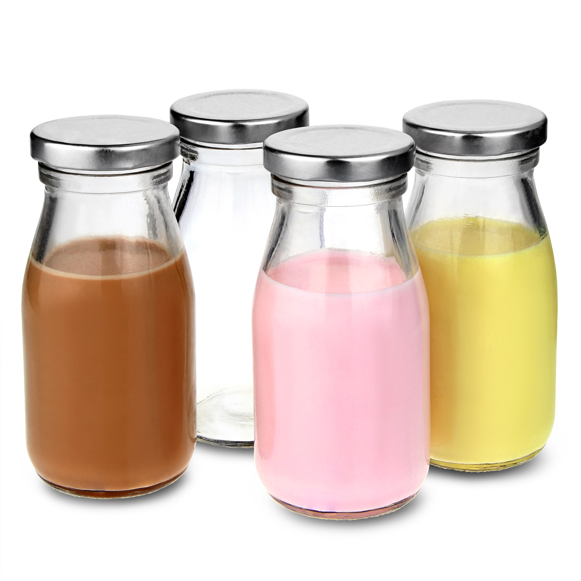 Estilo Dairy Reusable Glass Milk Clear Bottles With Straws And Metal Screw  On Lids, 10.5 oz, Set of 6, 